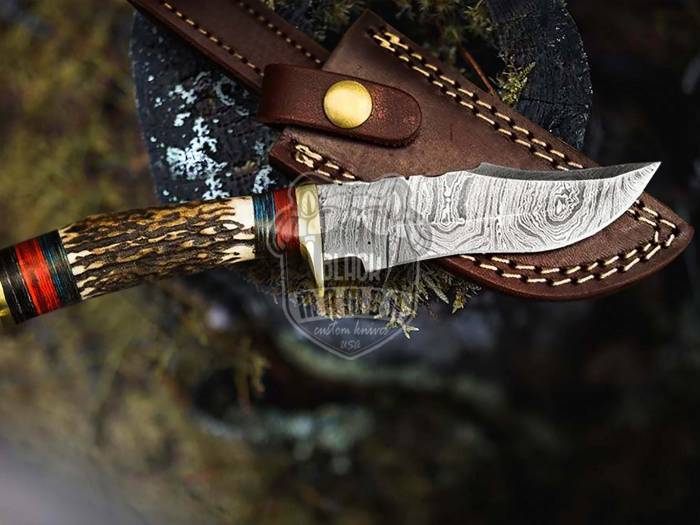 Bmk-230 Native American Custom Hunting Skinner Knife Twist Damascus Stag Antler Brass Guard Camping Knife Gift For Him USA Made