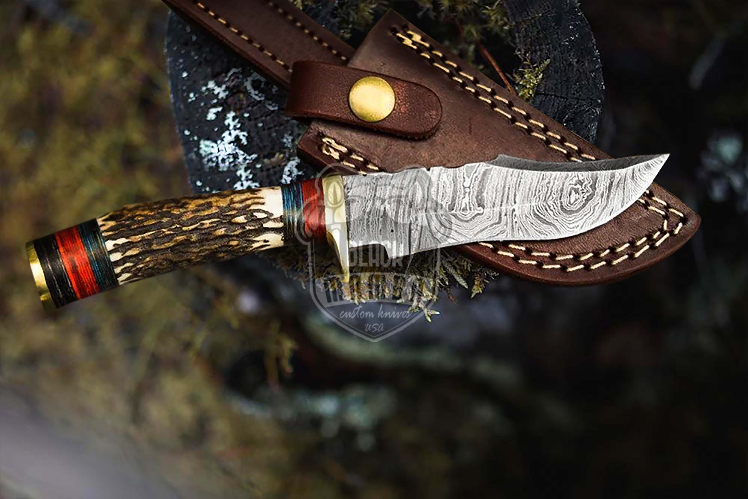 Damascus Steel Gut Hook Knife For Skinning Hunting 9 inch Fixed Blade Stag  Handle Leather Sheath