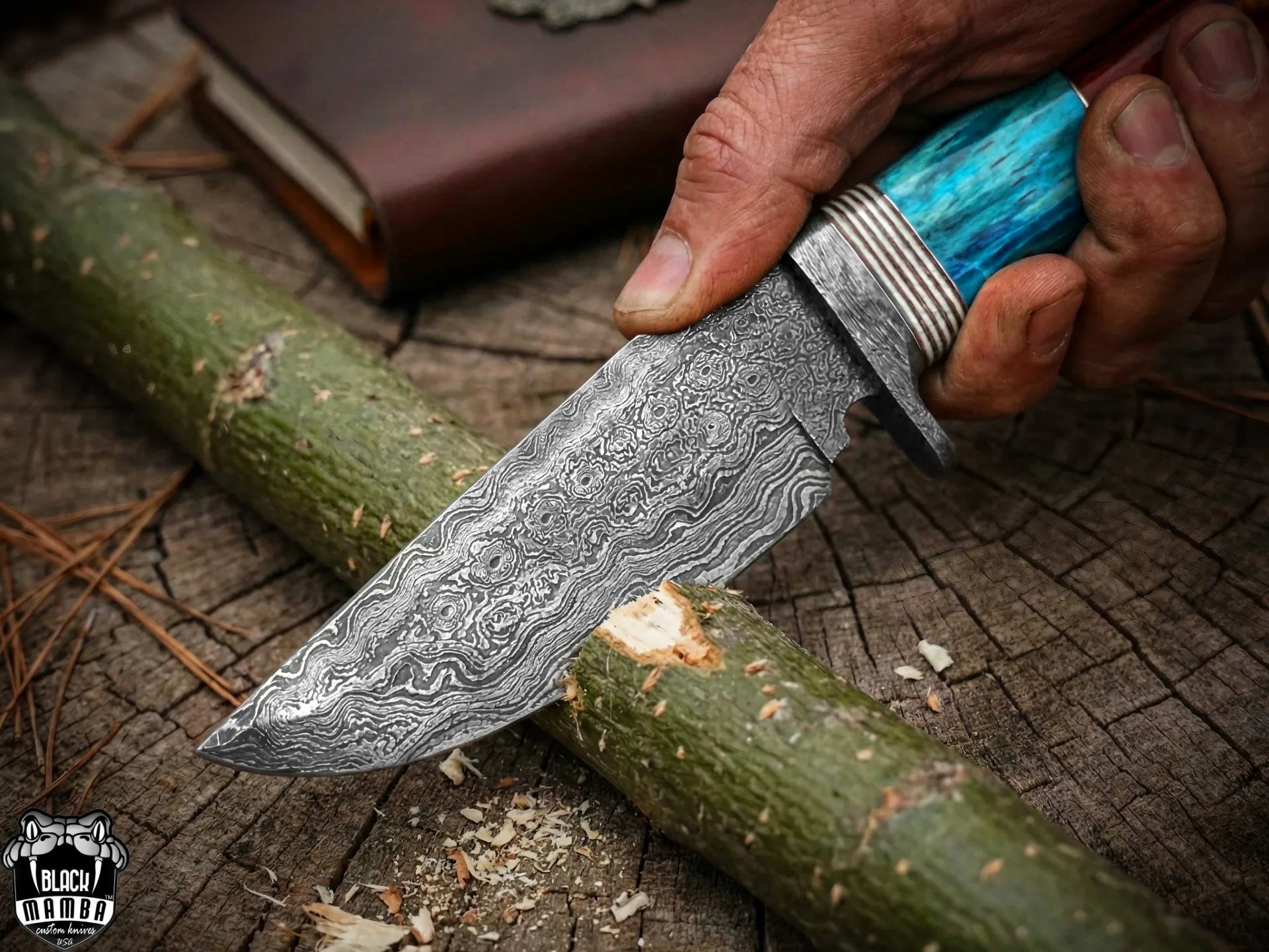 Turquoise Spacers - Damascus Skinning Knife, 9″ Overall, Turquoise Handle - view 2