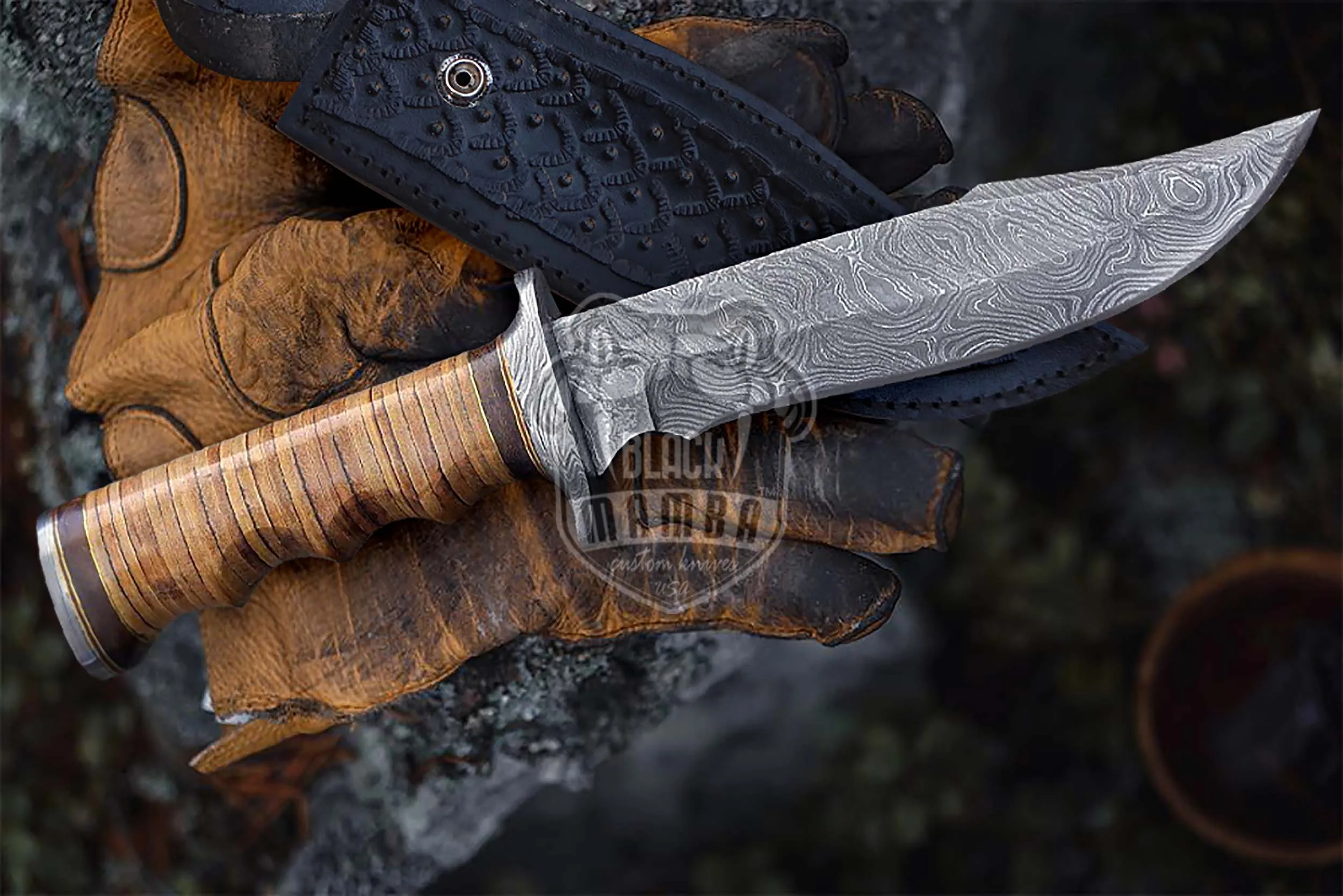 Camping Hunting - Damascus Hunting Knife, 15″ Overall, Leather Handle - view 2