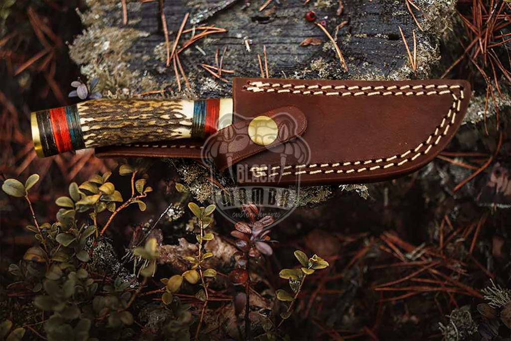Bmk-230 Native American Custom Hunting Skinner Knife Twist Damascus Stag Antler Brass Guard Camping Knife Gift For Him USA Made - Image 2