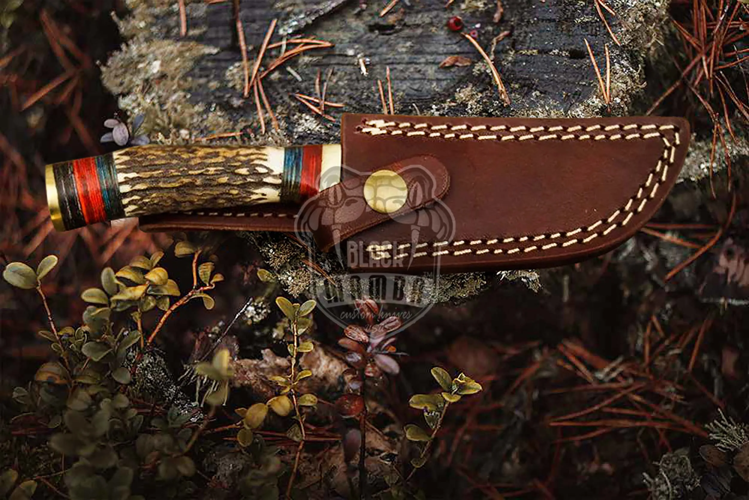 Native American - Damascus Skinning Knife, 9″ Overall, Stag Handle - view 2