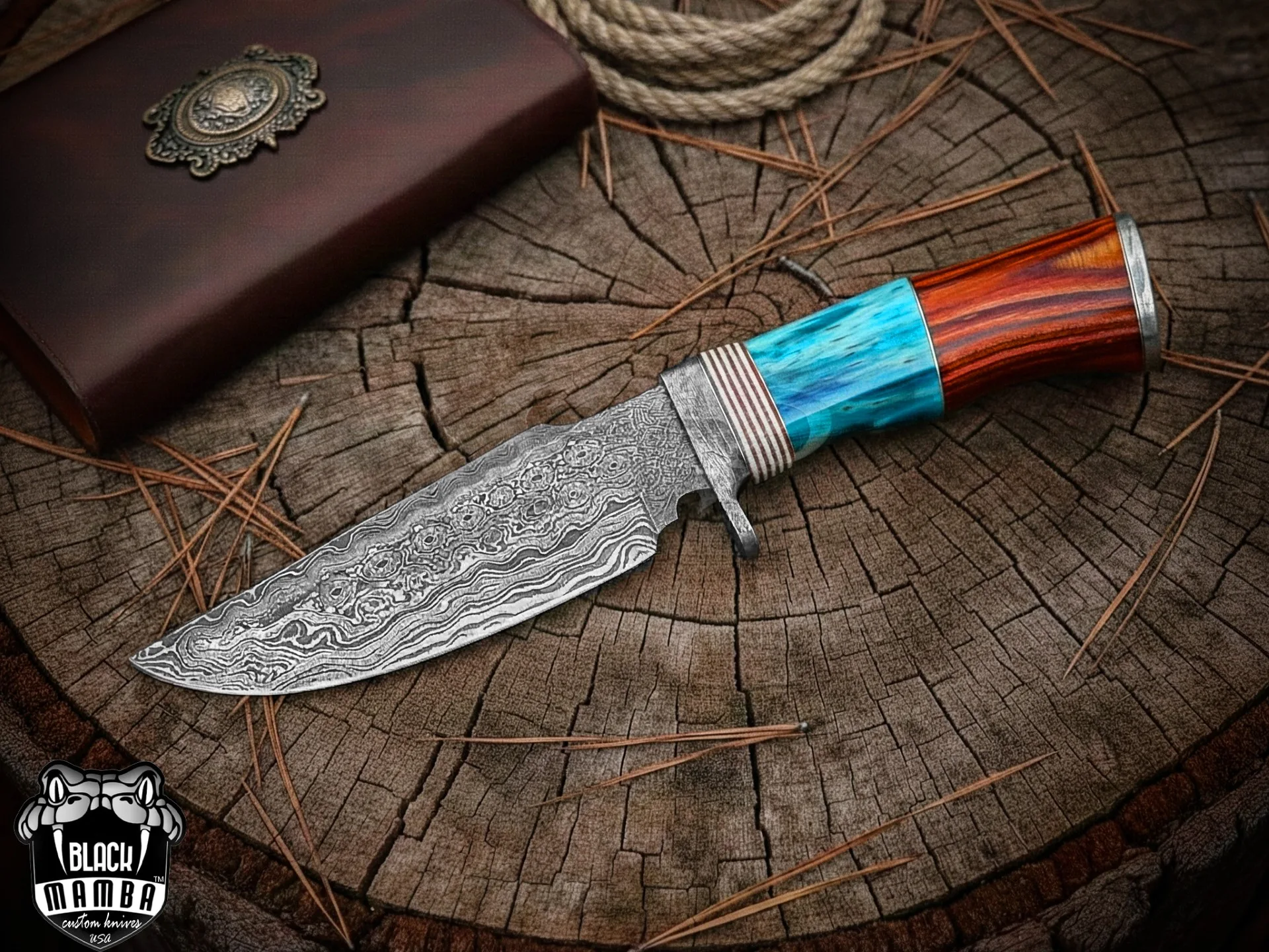 Turquoise Spacers - Damascus Skinning Knife, 9″ Overall, Turquoise Handle - view 3