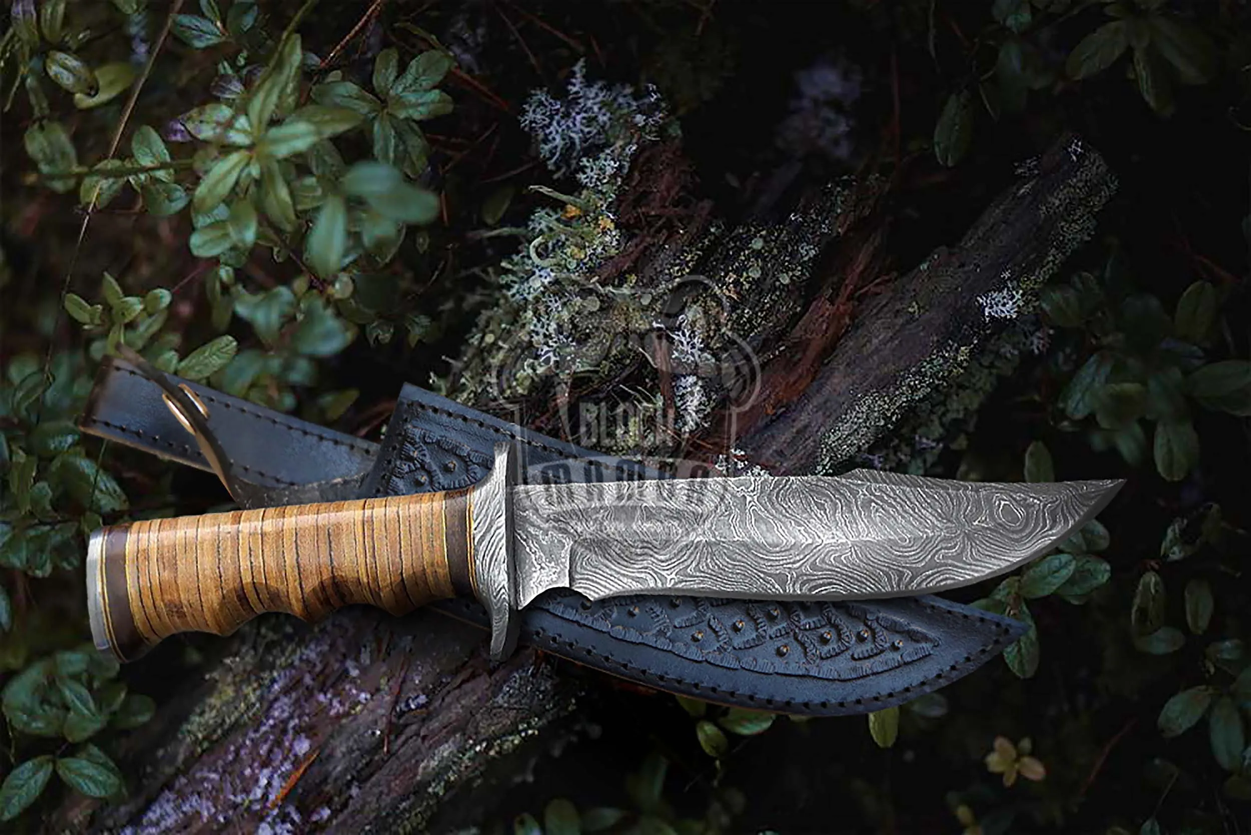 Camping Hunting - Damascus Hunting Knife, 15″ Overall, Leather Handle - view 3