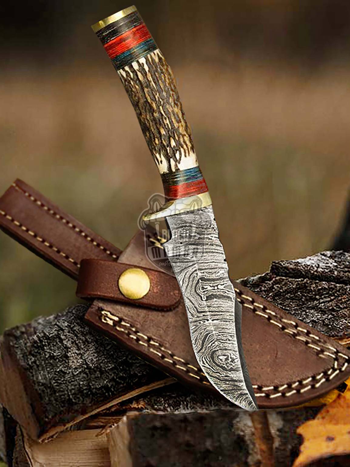 Bmk-230 Native American Custom Hunting Skinner Knife Twist Damascus Stag Antler Brass Guard Camping Knife Gift For Him USA Made - Image 3