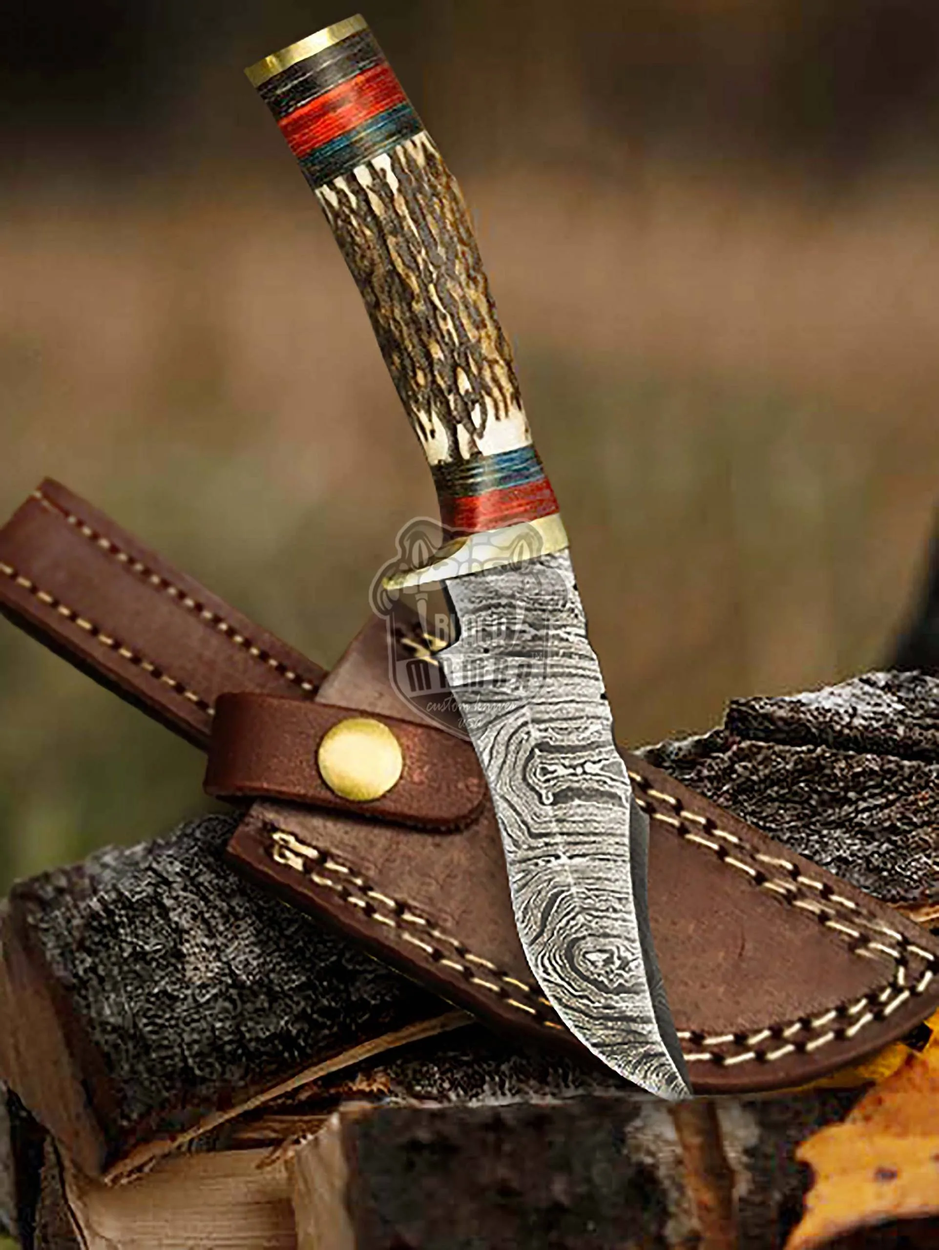 Native American - Damascus Skinning Knife, 9″ Overall, Stag Handle - view 3