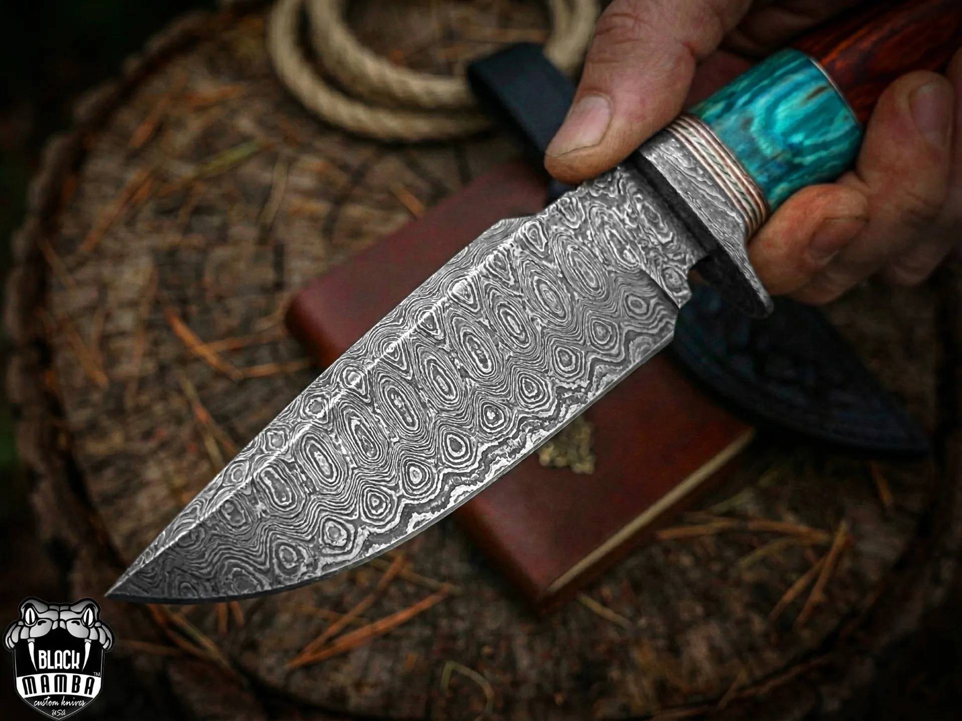 Turquoise Spacers - Damascus Skinning Knife, 9″ Overall, Turquoise Handle - view 4