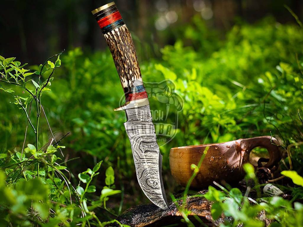 Bmk-230 Native American Custom Hunting Skinner Knife Twist Damascus Stag Antler Brass Guard Camping Knife Gift For Him USA Made - Image 4