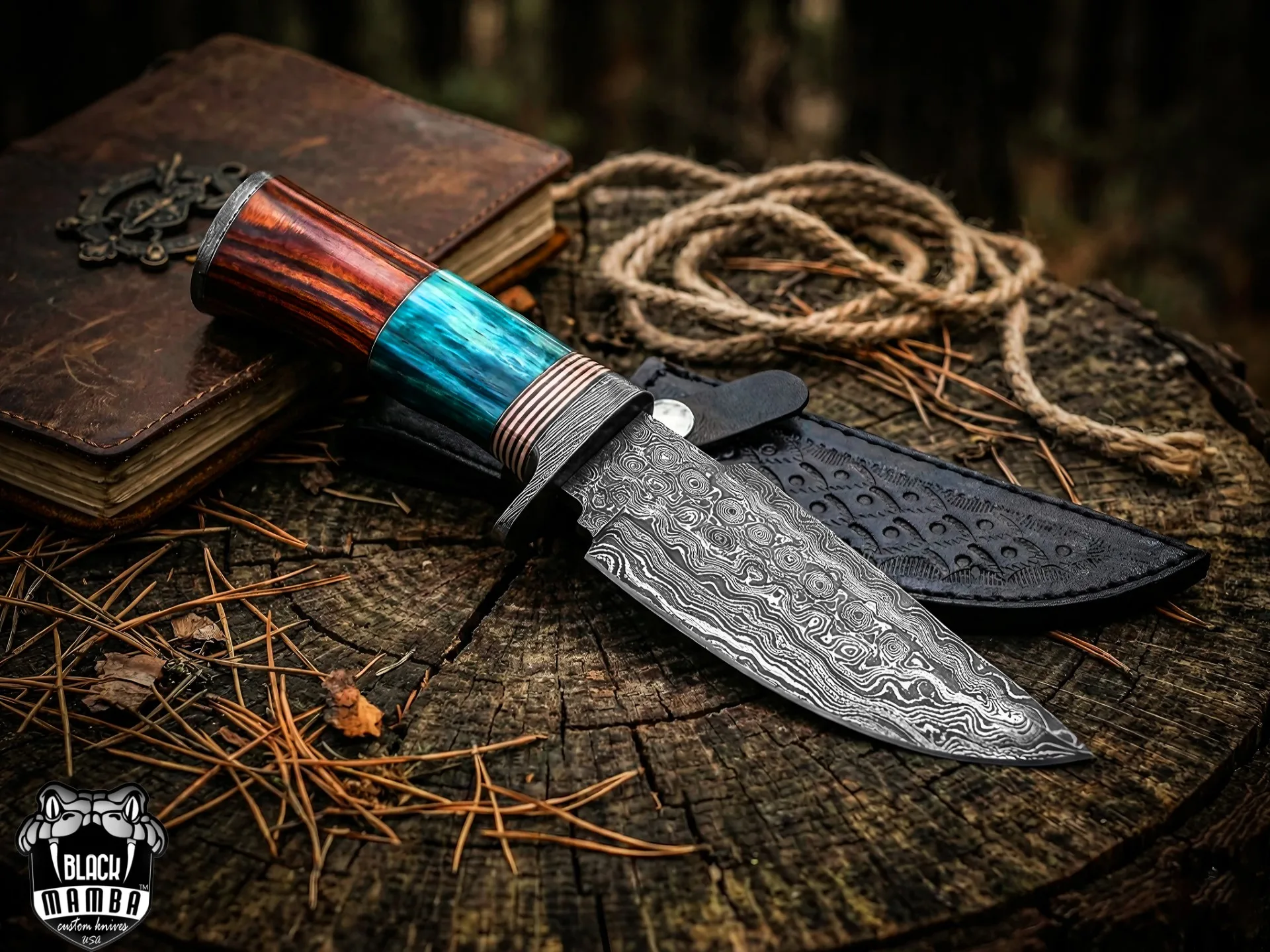 Turquoise Spacers - Damascus Skinning Knife, 9″ Overall, Turquoise Handle - view 5
