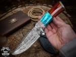 Bmk-225 Turquoise Spacers Damascus Steel Hunting knife with Leather Sheath, 9" Damascus Skinner knife, Camping / Boot knife, USA Made Fixed Blade Knife