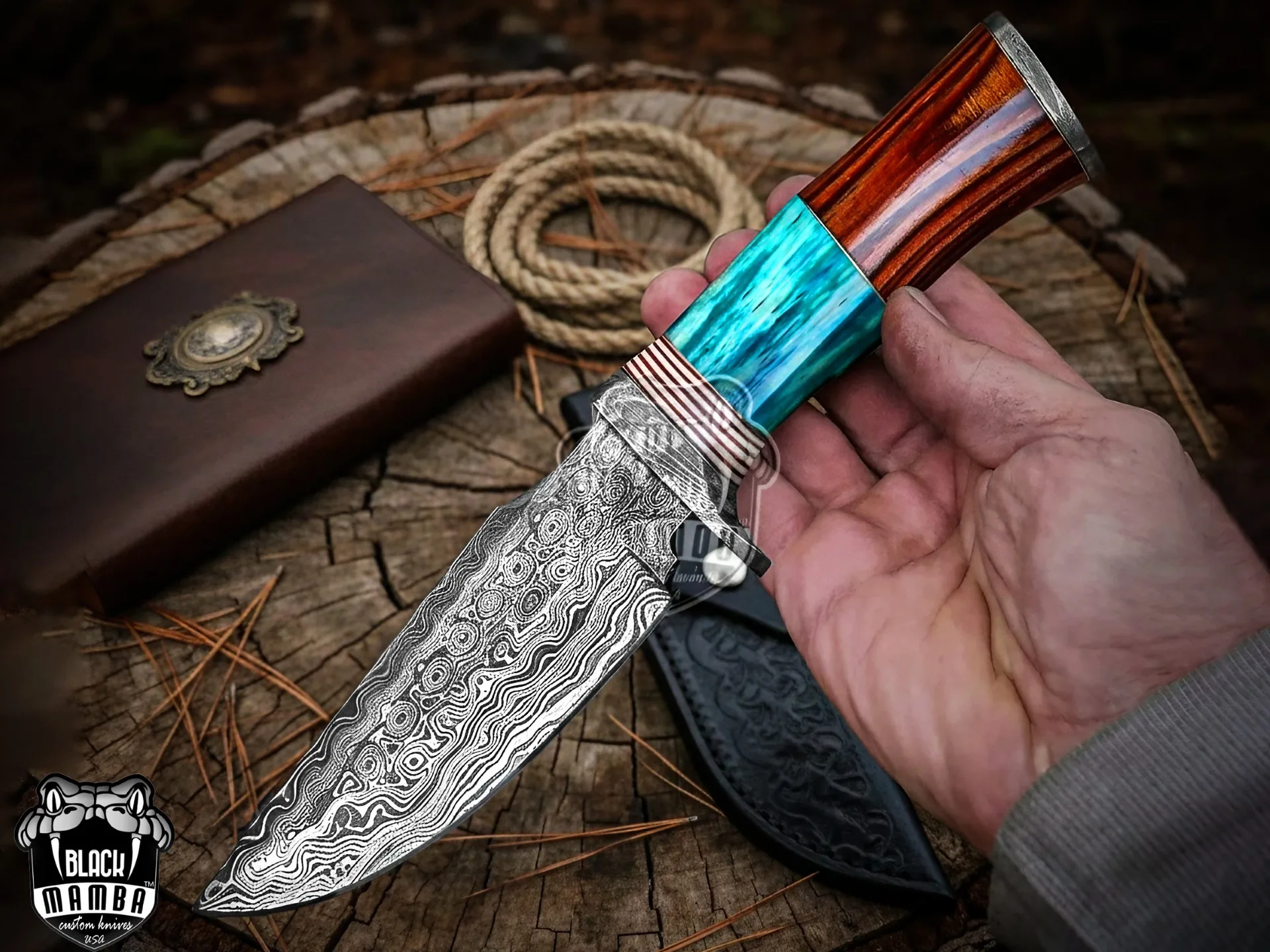 Turquoise Spacers - Damascus Skinning Knife, 9″ Overall, Turquoise Handle