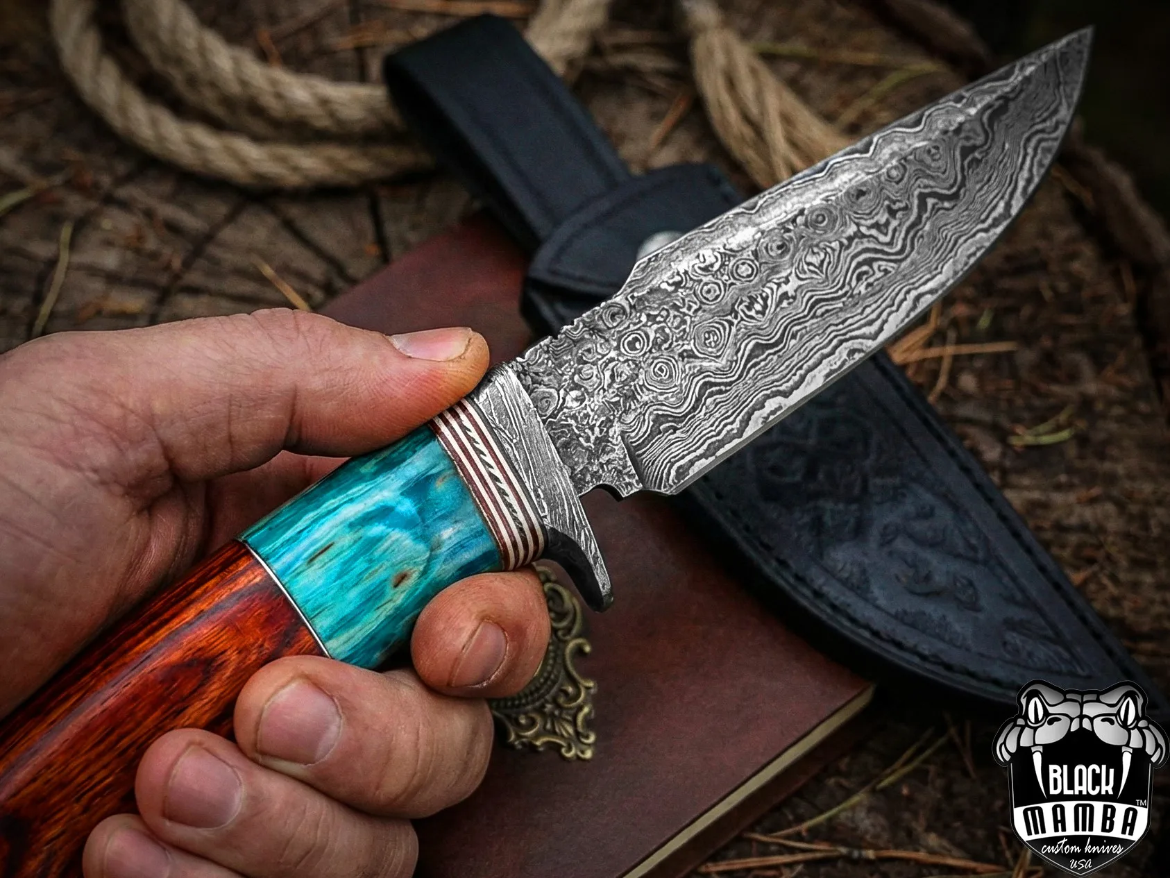 Turquoise Spacers - Damascus Skinning Knife, 9″ Overall, Turquoise Handle - view 6