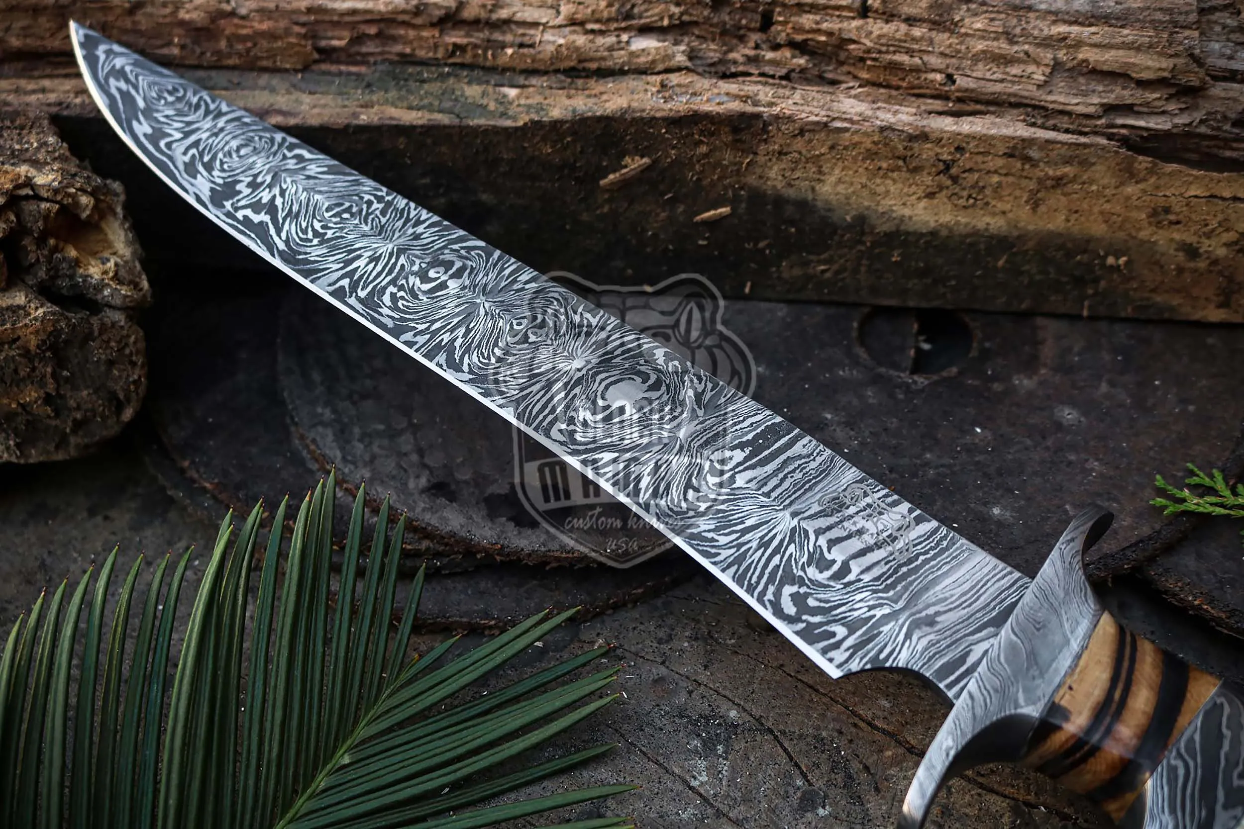 Handmade Damascus Steel Bowie Knife Hunting Knife 17 Inches Blade Made in USA Fifteen Thousand Year Old Fossil Handle Gift | BMK-130 - view 2