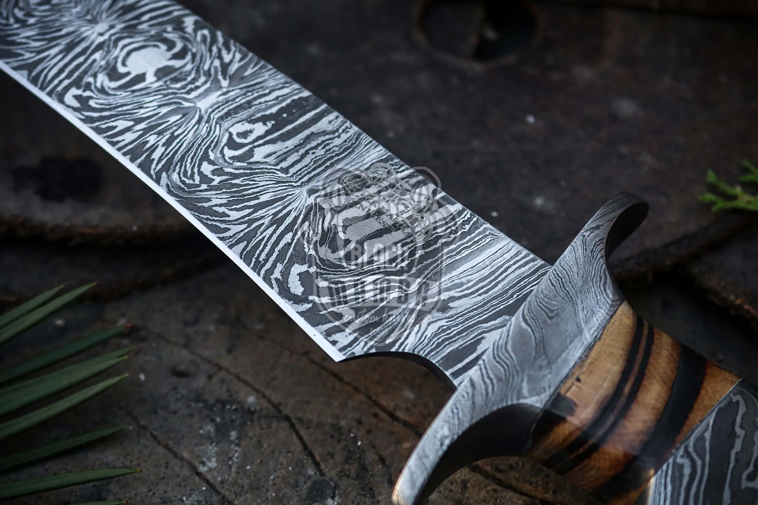Damascus Bowie Knife, 17″ Overall, Mammoth Handle - view 3
