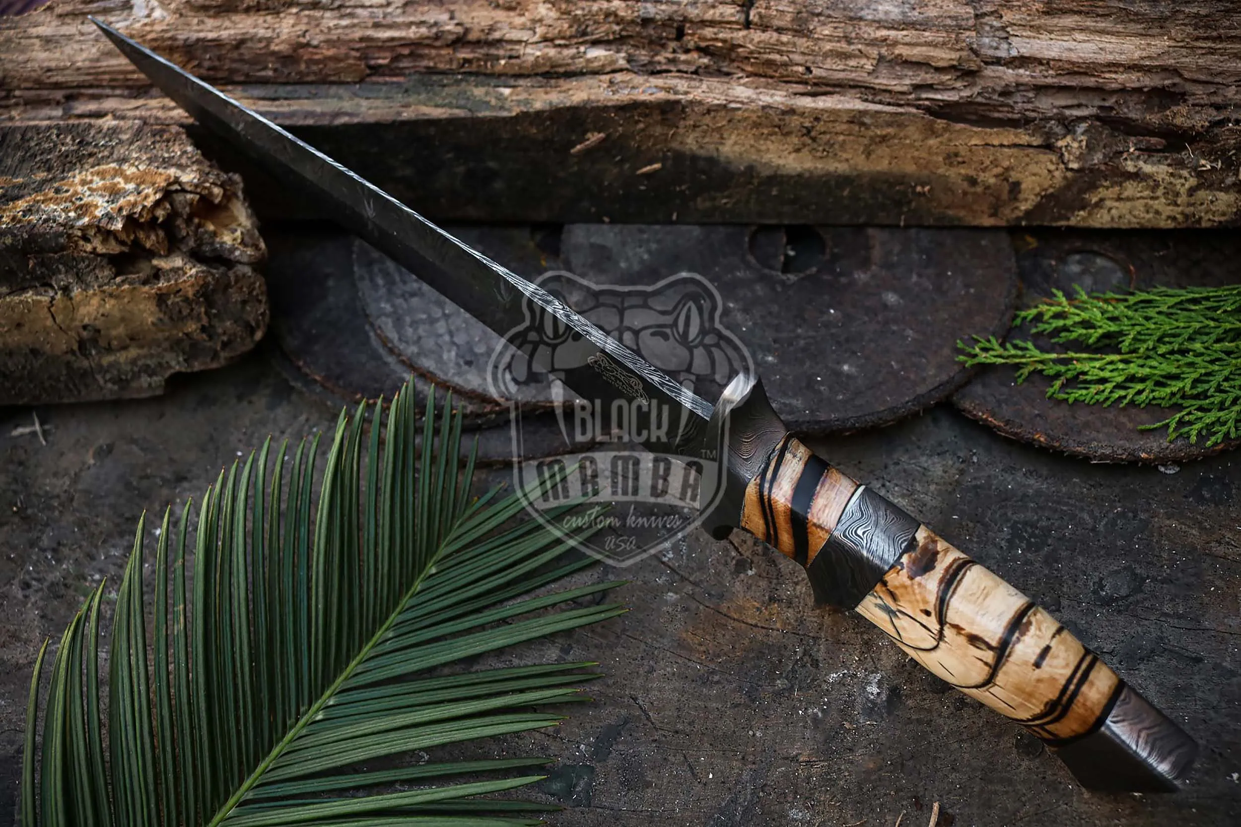 Handmade Damascus Steel Bowie Knife Hunting Knife 17 Inches Blade Made in USA Fifteen Thousand Year Old Fossil Handle Gift | BMK-130 - view 8