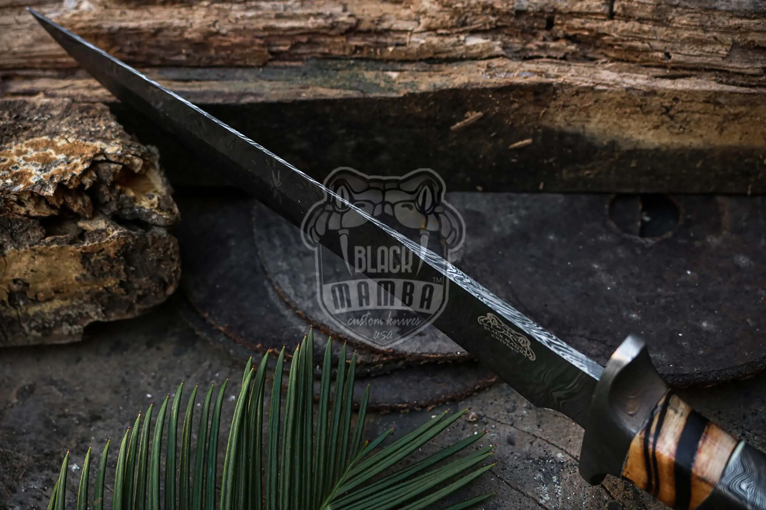 Damascus Bowie Knife, 17″ Overall, Mammoth Handle - view 9