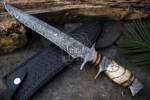 Bmk-130 Handmade Damascus Steel Bowie Knife Hunting Knife 17 inches Blade Made in USA Fifteen Thousand Year Old Fossil Handle Gift For Him