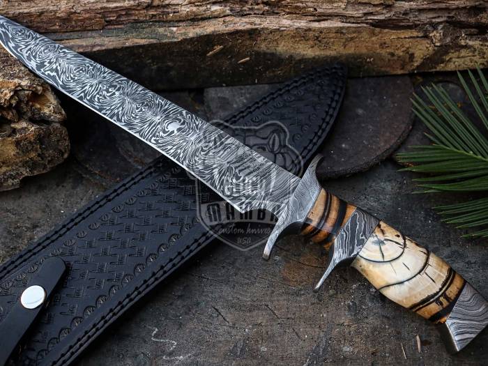 Bmk-130 Handmade Damascus Steel Bowie Knife Hunting Knife 17 inches Blade Made in USA Fifteen Thousand Year Old Fossil Handle Gift For Him