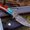 Bmk-225 Turquoise Spacers Damascus Steel Hunting knife with Leather Sheath, 9" Damascus Skinner knife, Camping / Boot knife, USA Made Fixed Blade Knife - Image 3