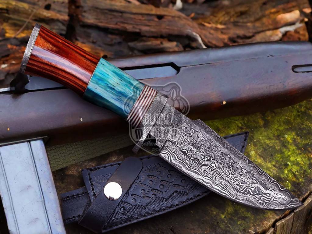Bmk-225 Turquoise Spacers Damascus Steel Hunting knife with Leather Sheath, 9" Damascus Skinner knife, Camping / Boot knife, USA Made Fixed Blade Knife - Image 3