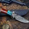 Bmk-225 Turquoise Spacers Damascus Steel Hunting knife with Leather Sheath, 9" Damascus Skinner knife, Camping / Boot knife, USA Made Fixed Blade Knife