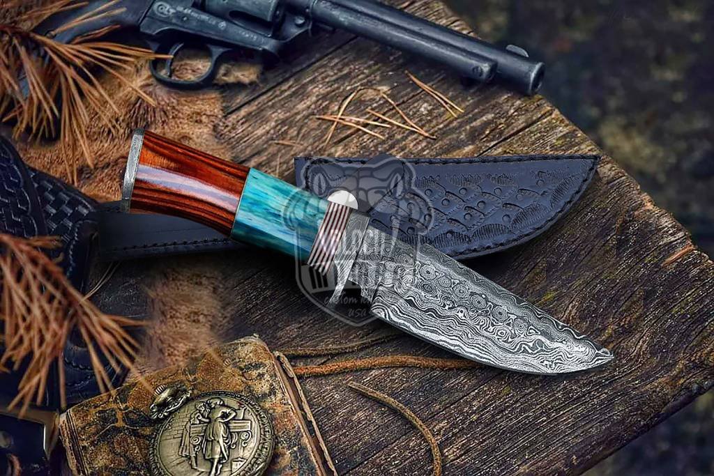 Bmk-225 Turquoise Spacers Damascus Steel Hunting knife with Leather Sheath, 9" Damascus Skinner knife, Camping / Boot knife, USA Made Fixed Blade Knife