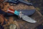 Bmk-225 Turquoise Spacers Damascus Steel Hunting knife with Leather Sheath, 9" Damascus Skinner knife, Camping / Boot knife, USA Made Fixed Blade Knife