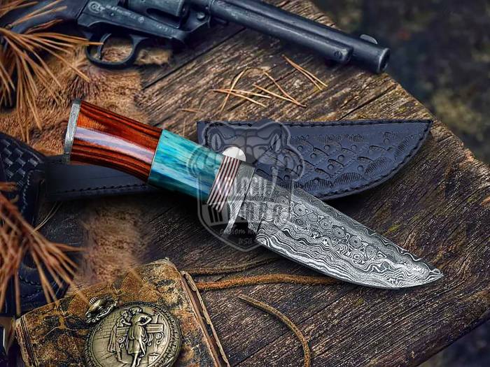 Bmk-225 Turquoise Spacers Damascus Steel Hunting knife with Leather Sheath, 9" Damascus Skinner knife, Camping / Boot knife, USA Made Fixed Blade Knife