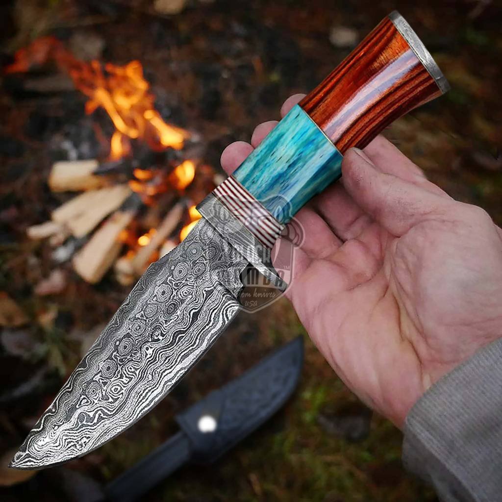 Bmk-225 Turquoise Spacers Damascus Steel Hunting knife with Leather Sheath, 9" Damascus Skinner knife, Camping / Boot knife, USA Made Fixed Blade Knife - Image 4