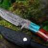 Bmk-225 Turquoise Spacers Damascus Steel Hunting knife with Leather Sheath, 9" Damascus Skinner knife, Camping / Boot knife, USA Made Fixed Blade Knife - Image 2