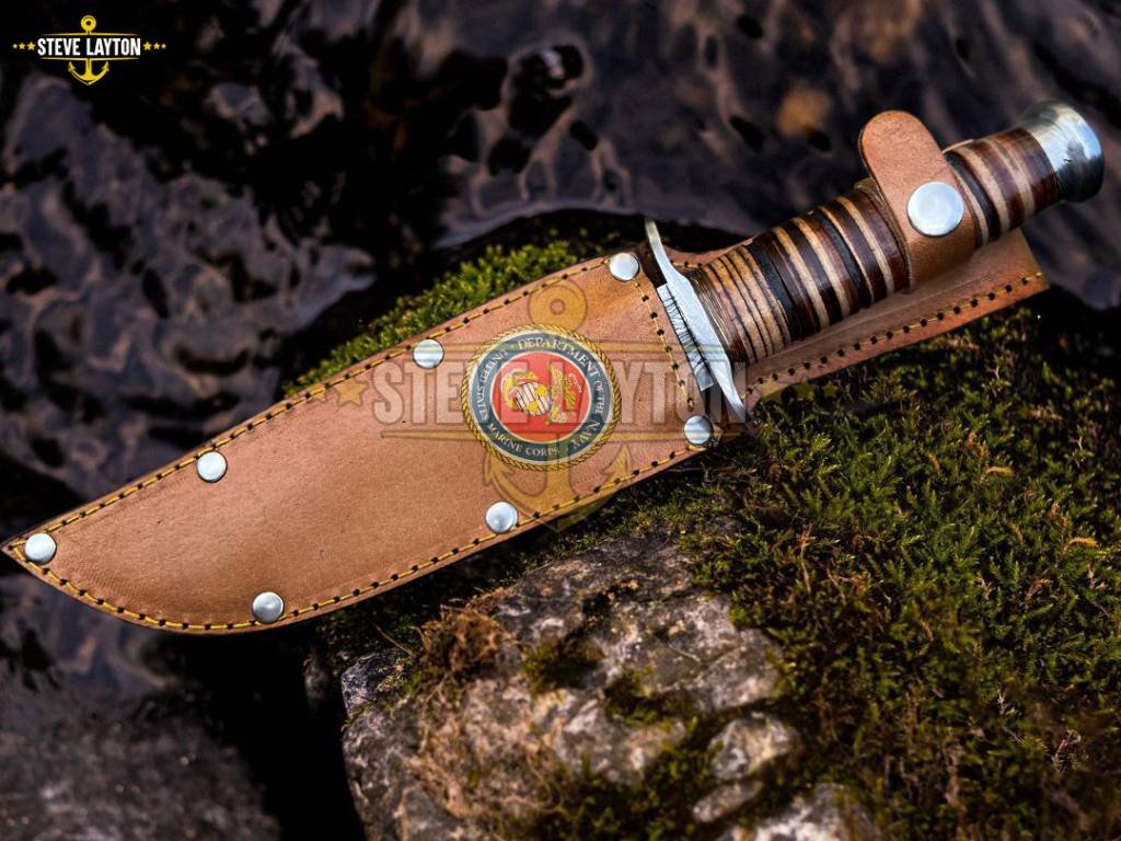 USMC Military KA-Bar Knife Damascus Hunting Knife Leather Stacks Handle Limited Edition SL-024 - Image 6