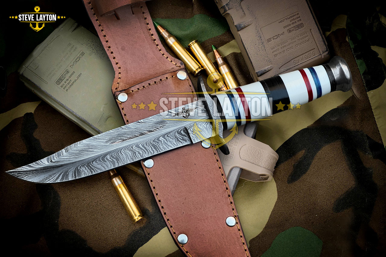 USMC Military Damascus KA Bar Knife Fiber Stacks Handle