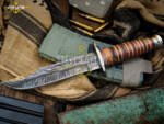 USMC Military KA-Bar Knife Damascus Hunting Knife Leather Stacks Handle Limited Edition SL-024