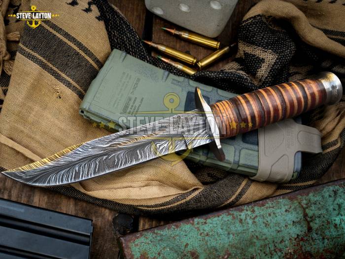 USMC Military KA-Bar Knife Damascus Hunting Knife Leather Stacks Handle Limited Edition SL-024