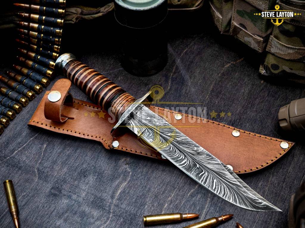 USMC Military KA-Bar Knife Damascus Hunting Knife Leather Stacks Handle Limited Edition SL-024 - Image 2