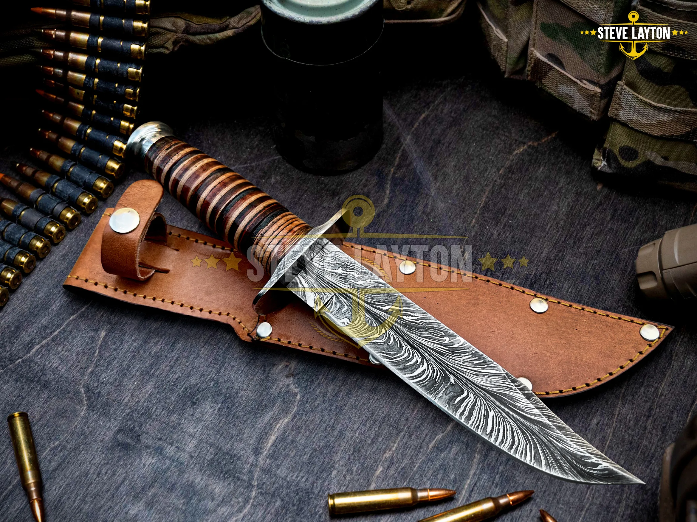 USMC KA-Bar Knife Damascus Hunting Knife Leather Stacks Handle Limited Edition | SL-024 - view 2