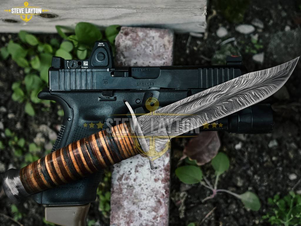 USMC Military KA-Bar Knife Damascus Hunting Knife Leather Stacks Handle Limited Edition SL-024 - Image 3