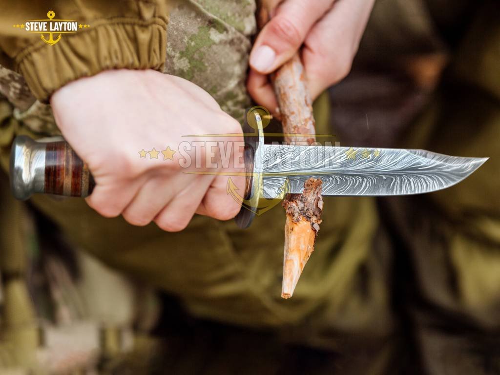 USMC Military KA-Bar Knife Damascus Hunting Knife Leather Stacks Handle Limited Edition SL-024 - Image 5
