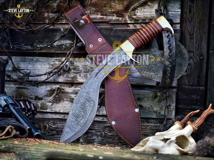 Leatherneck USMC Military Damascus Kukri Knife Leather Stacks Handle Limited Edition SL-025