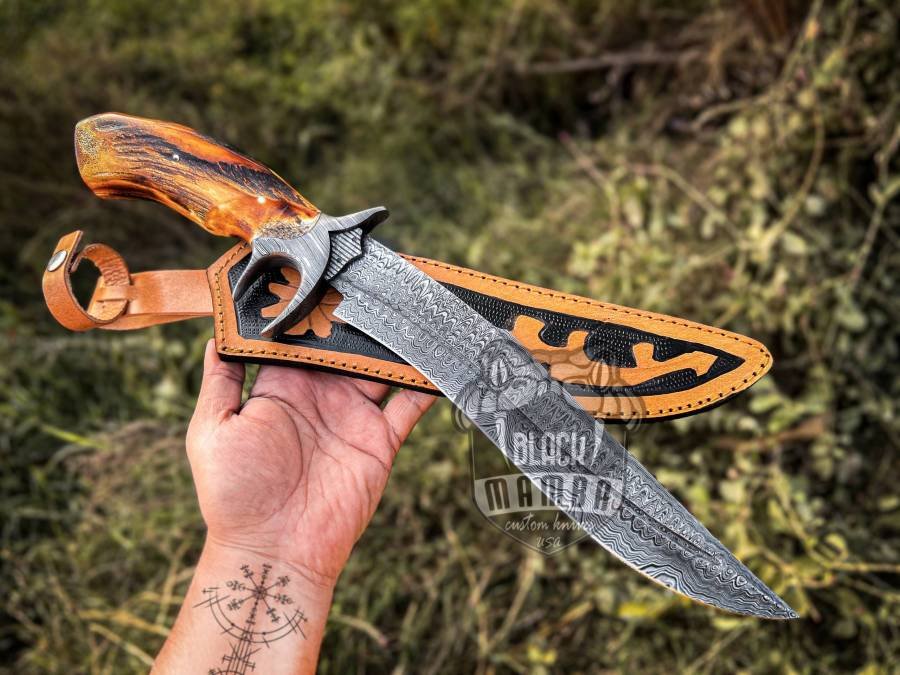 Bmk-131 Damascus Hunting Knife, Bowie Knife, Fixed Blade Knife With Leather Sheath, Stag Horn Handle, Damascus Steel Knife, Father's Day Gift, Gift For Him