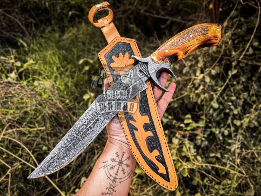 Bmk-131 Damascus Hunting Knife, Bowie Knife, Fixed Blade Knife With Leather Sheath, Stag Horn Handle, Damascus Steel Knife, Father's Day Gift, Gift For Him - Image 2