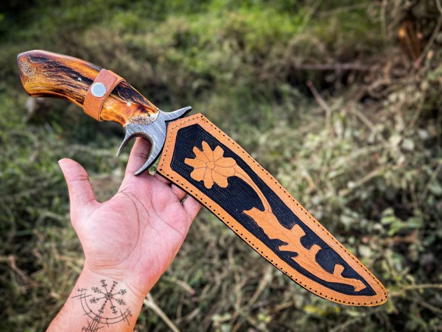 Bmk-131 Damascus Hunting Knife, Bowie Knife, Fixed Blade Knife With Leather Sheath, Stag Horn Handle, Damascus Steel Knife, Father's Day Gift, Gift For Him - Image 4