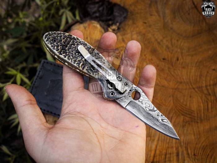 Bmk-563 Cottonmouth  Custom Made Damascus Steel Folding Pocket Knife, Handle Made With tortoise shell, 7" inches Long,