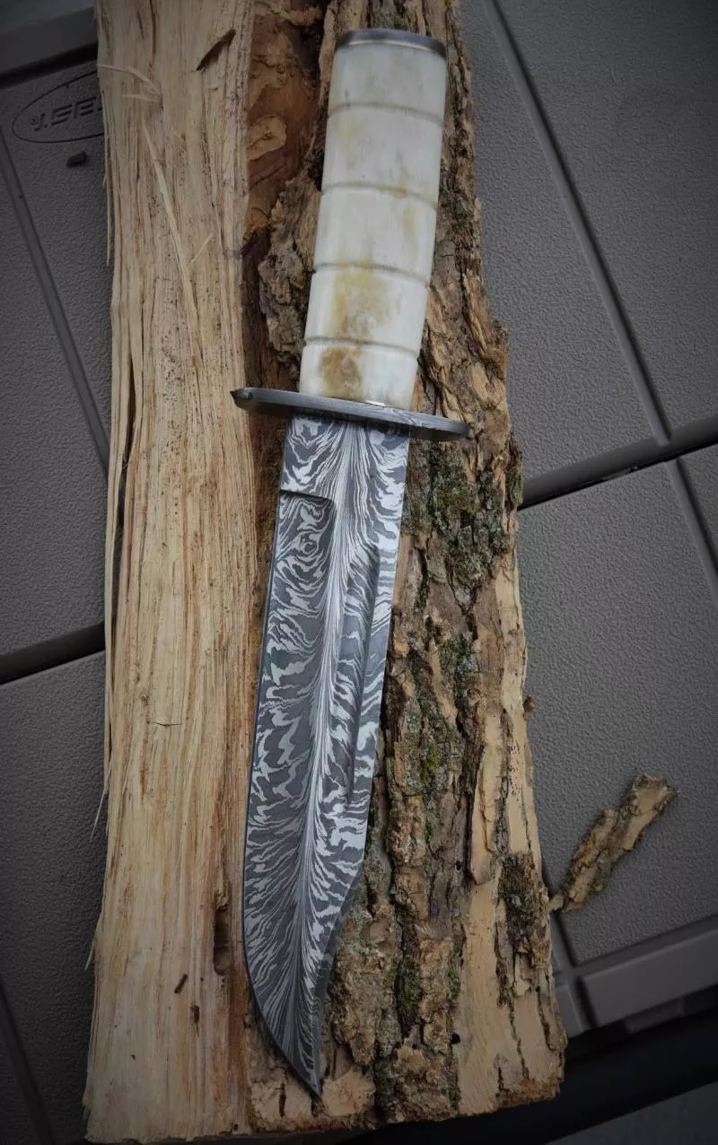 BMK-1006-L1 Limited Edition Ka-Bar Style Damascus Knife – 12" Feather Pattern Blade with Camel Bone Handle
