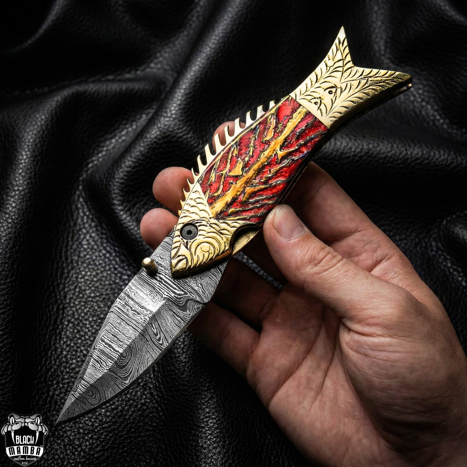 BMK-642 | The Golden Koi | Fish-Shaped Damascus Folding Knife with Engraved Brass Handle - Image 10