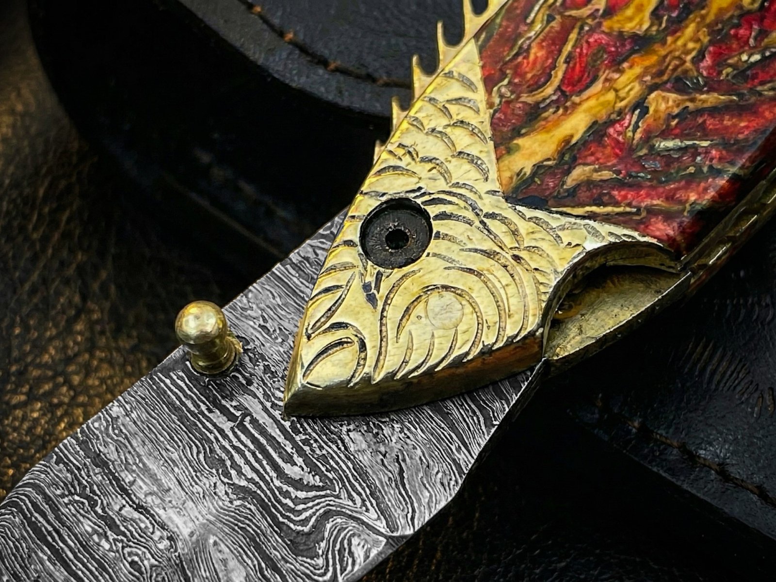 BMK-642 | The Golden Koi | Fish-Shaped Damascus Folding Knife with Engraved Brass Handle - Image 9
