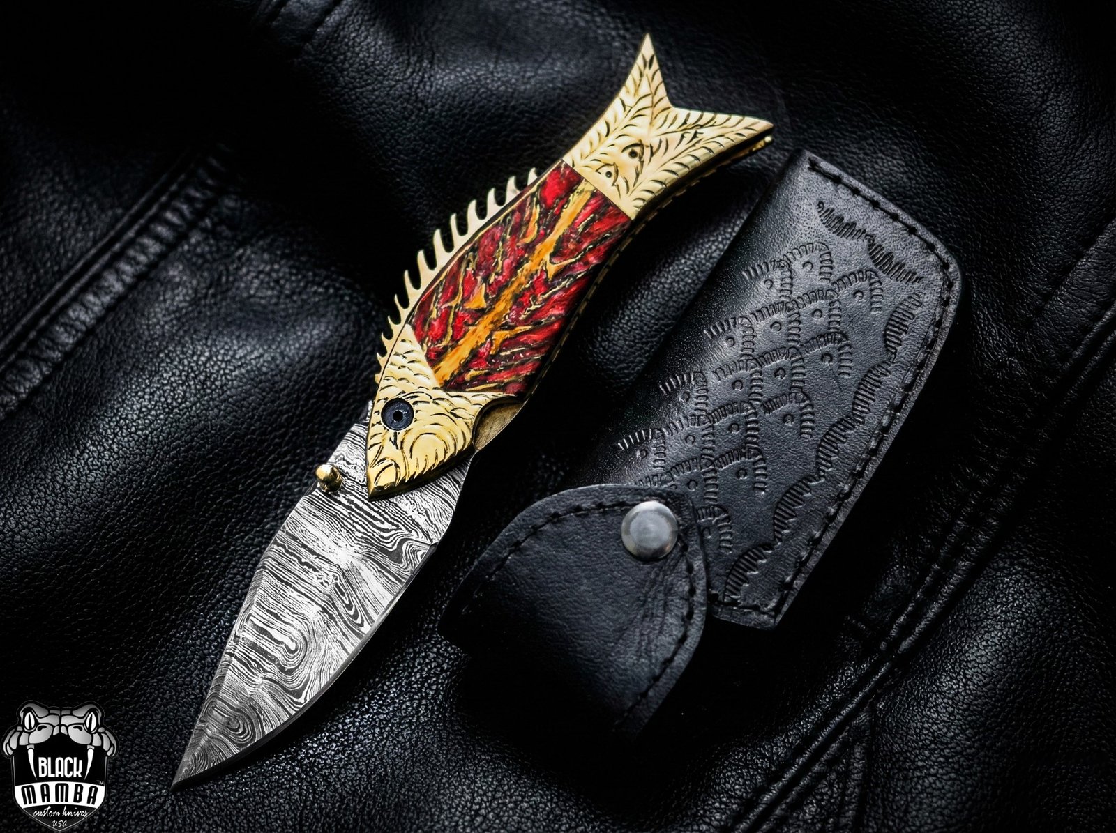 BMK-642 | The Golden Koi | Fish-Shaped Damascus Folding Knife with Engraved Brass Handle - Image 2