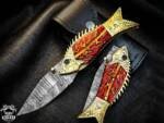 BMK-642 | The Golden Koi | Fish-Shaped Damascus Folding Knife with Engraved Brass Handle