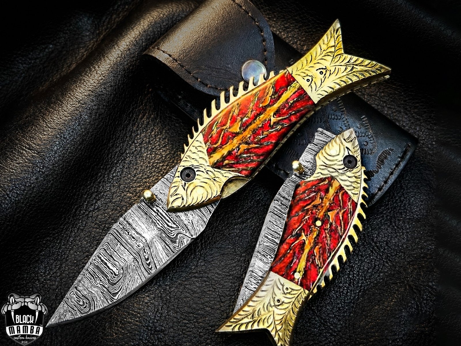 BMK-642 | The Golden Koi | Fish-Shaped Damascus Folding Knife with Engraved Brass Handle