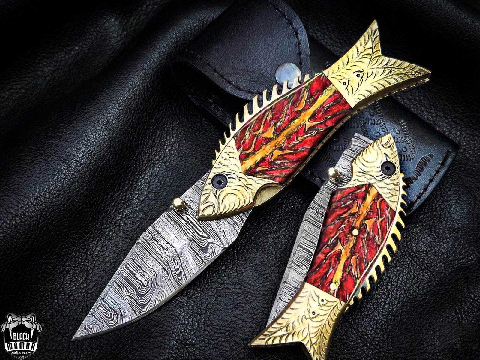 BMK-642 | The Golden Koi | Fish-Shaped Damascus Folding Knife with Engraved Brass Handle - Image 3